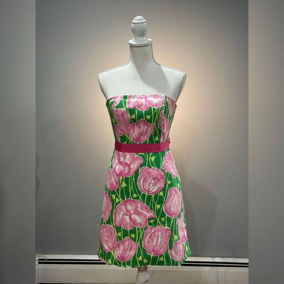 Lilly Pulitzer Dresses & Skirts - Green/Pink Lilly Pulitzer Vintage Strapless Tulip Print Dress Size 0 EUC